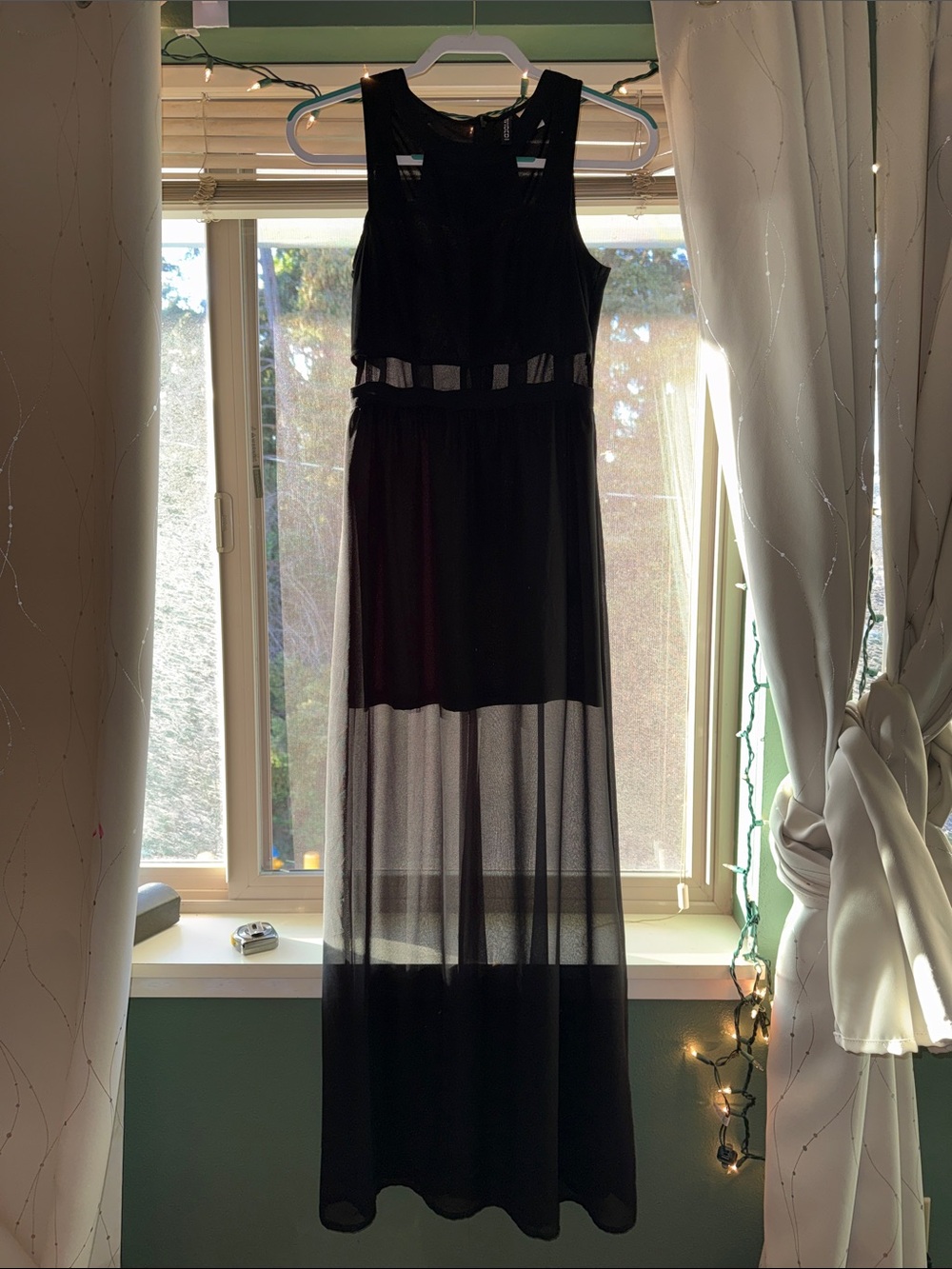 H&M Divided Maxi Dress Womens 4 Black Chiffon Sheer Panel Front Cutout Back Zip